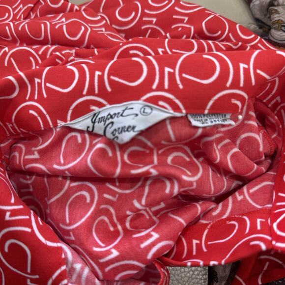 70s Import Corner Red White modernist Geo Print polyester blouse S/M - Picture 3 of 13